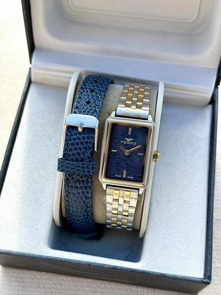 Ferro FL21626AWT-D3 Quartz Çift Kordonlu Lacivert Kadran 22 mm Kadın Kol Saati ürün görseli 1