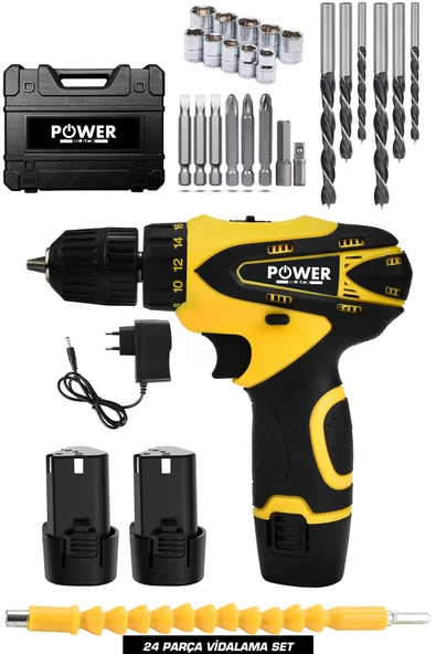 POWER BLACK ŞARJLI MATKAP 12v 1.5ah Çift Akülü Vidalama Şarjlı Matkap 24 Parça ürün görseli 1