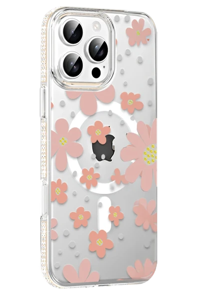 Fuchsia iPhone 16 Pro ile Uyumlu Floral Kablosuz Şarj Özellikli Kapak - Pembe ürün görseli 1