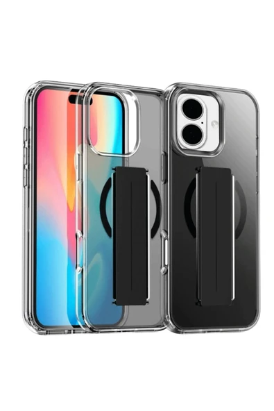Fuchsia iPhone 16 ile Uyumlu Kılıf Alfa Kablosuz Şarj Özellikli Standlı Kapak - Siyah ürün görseli 1