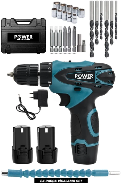 POWER BLACK ŞARJLI MATKAP 12v 1.5ah Çift Akülü Vidalama Şarjlı Matkap 24 Parça ürün görseli 1