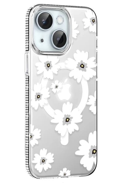 Fuchsia iPhone 14 ile Uyumlu Floral Kablosuz Şarj Özellikli Kapak - Beyaz ürün görseli 1