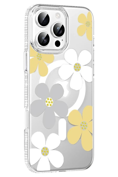 Fuchsia iPhone 16 Pro Max ile Uyumlu Floral Kablosuz Şarj Özellikli Kapak - Sarı ürün görseli 1