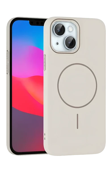 Fuchsia iPhone 15 ile Uyumlu Plus Broş Kablosuz Şarj Özellikli Kapak - Krem ürün görseli 1