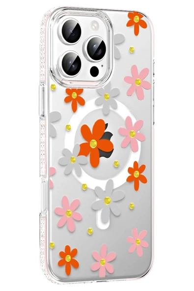 Fuchsia iPhone 16 Pro ile Uyumlu Floral Kablosuz Şarj Özellikli Kapak - Turuncu ürün görseli 1