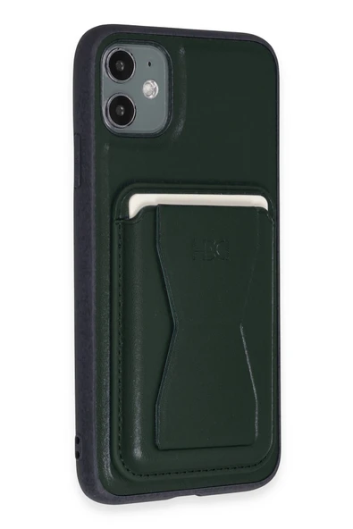 Fuchsia iPhone 11 ile Uyumlu Kılıf HD Deri Luxury Magnet Kartvizitli Kapak - Koyu Yeşil ürün görseli 1