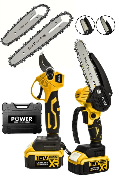 POWER BLACK Germany 2 Li Set 18 Vf 3 Ah Çift Akülü Çelik Şanzıman Şarjlı Dal Budama & Testeresi Power ürün görseli 1