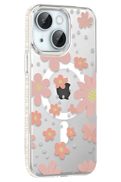 Fuchsia iPhone 14 ile Uyumlu Floral Kablosuz Şarj Özellikli Kapak - Pembe ürün görseli 1