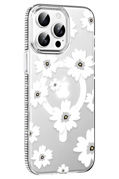 Fuchsia iPhone 15 Pro ile Uyumlu Floral Kablosuz Şarj Özellikli Kapak - Beyaz ürün görseli 1