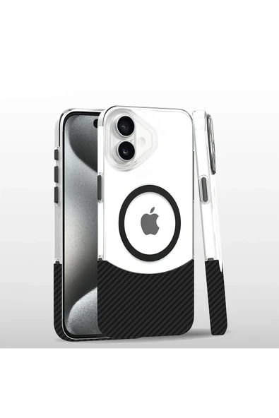 Fuchsia iPhone 16 ile Uyumlu Carbon Puzzle Kablosuz Şarj Özellikli Kapak - Siyah-2 ürün görseli 1