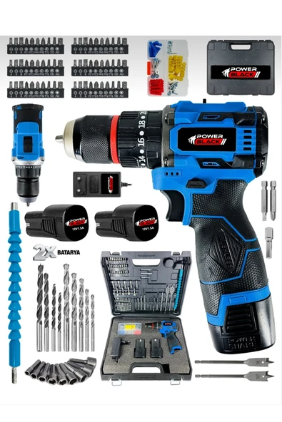 POWER BLACK 84 PARÇALI HEDİYELİ PROFESYONEL ÇELİK MANDREL 2 BATARYALI 1 ŞARJ CİHAZLI ürün görseli 1