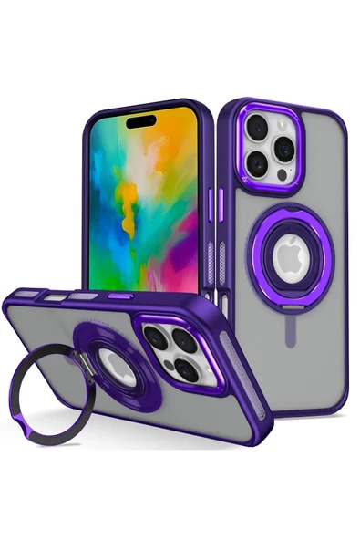 Fuchsia iPhone 16 Pro ile Uyumlu Banza Kablosuz Şarj Özellikli Standlı Kapak - Derin Mor ürün görseli 1