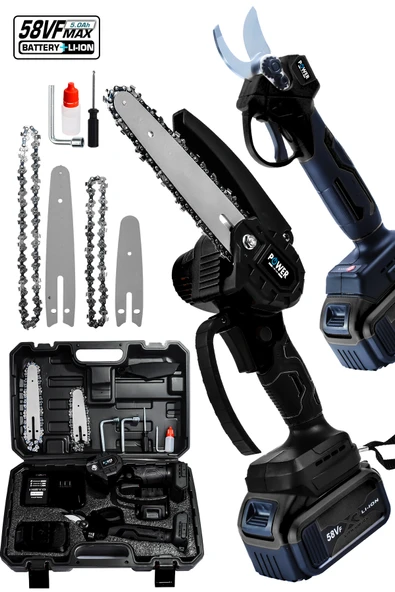 POWER BLACK 2 Li Set 58 Vf 5 Ah Çift Akülü Çelik Şanzıman Şarjlı Dal Budama &Testeresi SİYAH ürün görseli 1