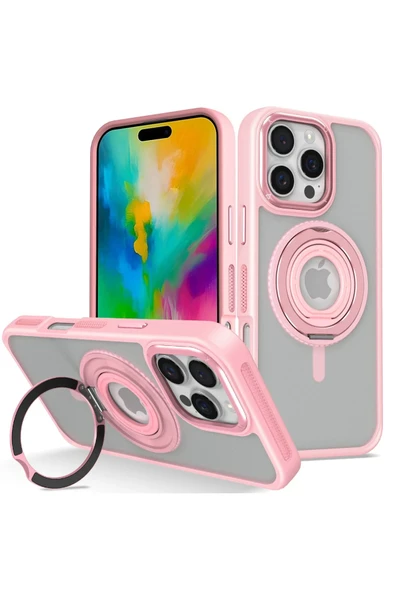 Fuchsia iPhone 16 Pro ile Uyumlu Banza Kablosuz Şarj Özellikli Standlı Kapak - Pembe ürün görseli 1