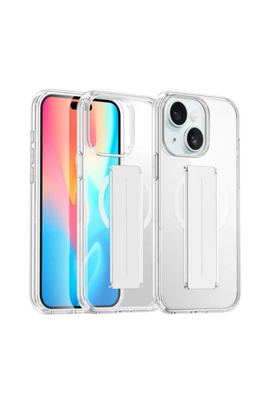 Fuchsia iPhone 15 ile Uyumlu Kılıf Alfa Kablosuz Şarj Özellikli Standlı Kapak - Şeffaf ürün görseli 1
