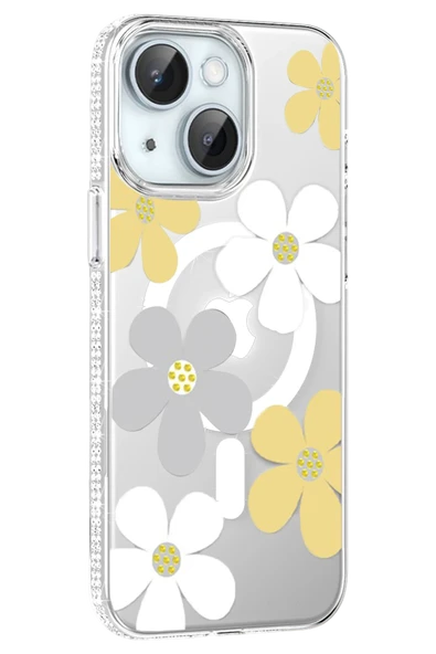 Fuchsia iPhone 14 ile Uyumlu Floral Kablosuz Şarj Özellikli Kapak - Sarı ürün görseli 1