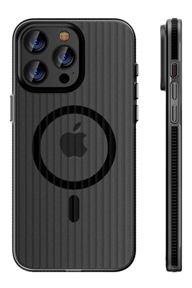 Fuchsia iPhone 16 Pro ile Uyumlu Line Kablosuz Şarj Özellikli Kapak - Siyah ürün görseli 1
