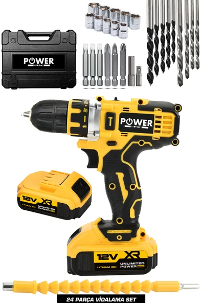 POWER BLACK Şarjlı Matkap Çift Akülü 24 Parça Plastik Mandren Sarı ürün görseli 1
