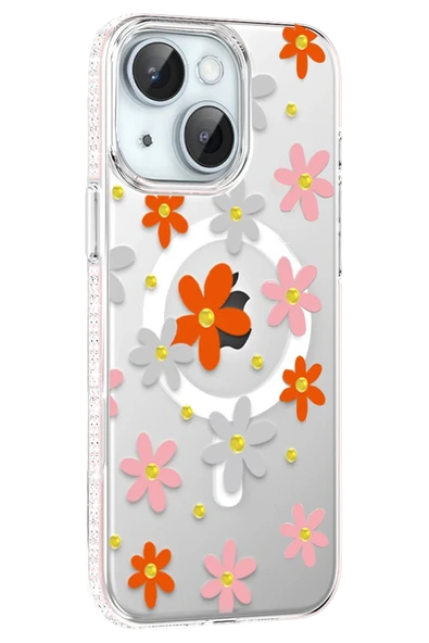 Fuchsia iPhone 14 ile Uyumlu Floral Kablosuz Şarj Özellikli Kapak - Turuncu ürün görseli 1