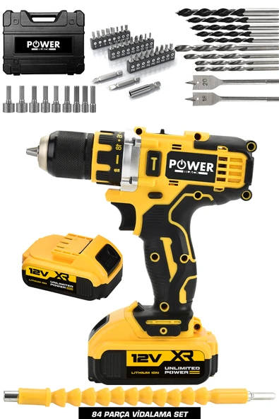 POWER BLACK Çelik Mandren Çift Akülü Darbesiz 30 Parça Set Hediyeli Şarjlı Matkap 58 Vf SARI ürün görseli 1