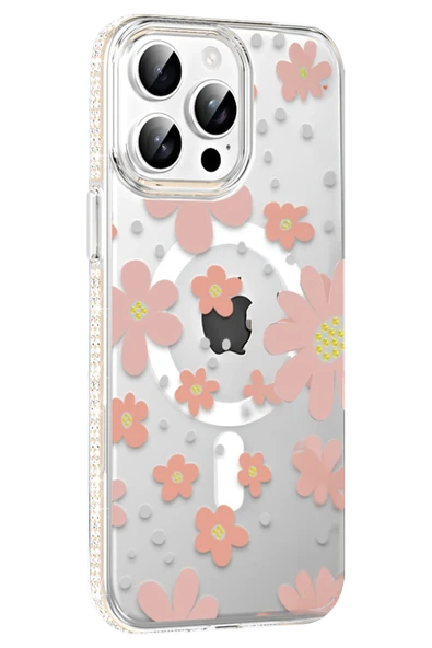 Fuchsia iPhone 15 Pro ile Uyumlu Floral Kablosuz Şarj Özellikli Kapak - Pembe ürün görseli 1