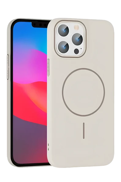 Fuchsia iPhone 15 Pro Max ile Uyumlu Broş Kablosuz Şarj Özellikli Kapak - Krem ürün görseli 1
