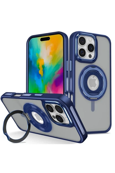 Fuchsia iPhone 16 Pro Max ile Uyumlu Banza Kablosuz Şarj Özellikli Standlı Kapak - Lacivert ürün görseli 1