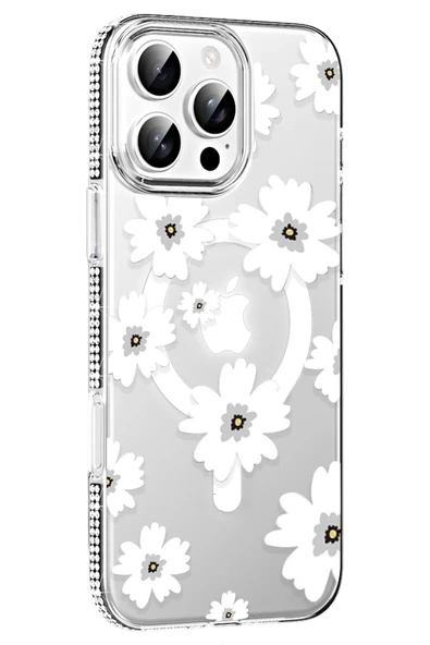 Fuchsia iPhone 16 Pro Max ile Uyumlu Floral Kablosuz Şarj Özellikli Kapak - Beyaz ürün görseli 1