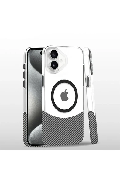 Fuchsia iPhone 16 Plus ile Uyumlu Carbon Puzzle Kablosuz Şarj Özellikli Kapak - Beyaz ürün görseli 1