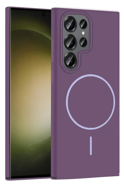 Fuchsia Samsung Galaxy S23 Ultra ile Uyumlu Broş Kablosuz Şarj Özellikli Kapak - Mor ürün görseli 1