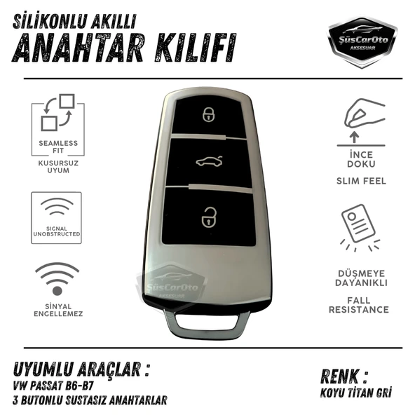 Volkswagen Passat B6 B7 Uyumlu Silikon Anahtar Kılıfı Oto Anahtar Kabı Darbe Emici Anahtarlık Koyu Titan Gri ürün görseli 1