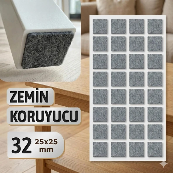 Yapışkanlı Zemin Koruyucu Keçe 25x25 mm (32'li PAKET) Masa Sandalye Mobilya Koltuk Ayak Keçesi Kare ürün görseli 1