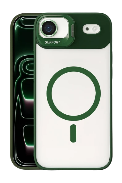 Fuchsia iPhone 17 Air ile Uyumlu Remim Lensli Kablosuz Şarj Özellikli Standlı Kapak - Koyu Yeşil ürün görseli 1