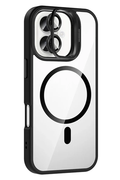 Fuchsia iPhone 16 Plus ile Uyumlu Remim Lensli Kablosuz Şarj Özellikli Standlı Kapak - Siyah ürün görseli 1