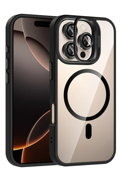 Fuchsia iPhone 16 Pro Max ile Uyumlu Remim Lensli Kablosuz Şarj Özellikli Standlı Kapak - Siyah ürün görseli 1