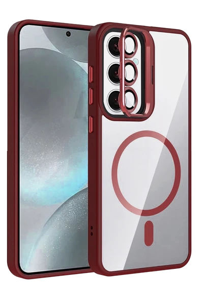 Fuchsia Samsung Galaxy S24 FE ile Uyumlu Remim Lensli Kablosuz Şarj Özellikli Standlı Kapak - Bordo ürün görseli 1