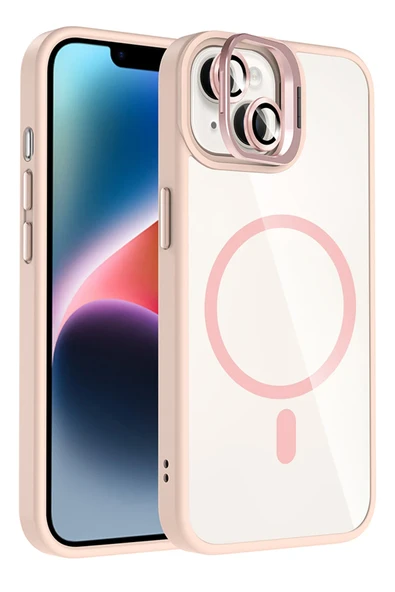 Fuchsia iPhone 13 ile Uyumlu Remim Lensli Kablosuz Şarj Özellikli Standlı Kapak - Pembe ürün görseli 1