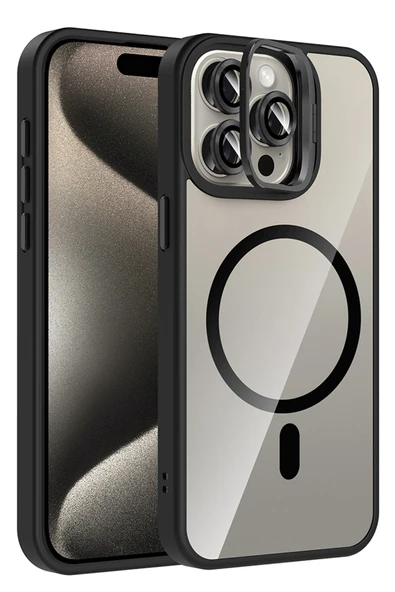 Fuchsia iPhone 15 Pro Max ile Uyumlu Remim Lensli Kablosuz Şarj Özellikli Standlı Kapak - Siyah ürün görseli 1