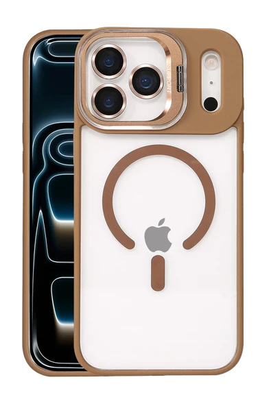 Fuchsia iPhone 17 Pro Max ile Uyumlu Remim Lensli Kablosuz Şarj Özellikli Standlı Kapak - Kahverengi ürün görseli 1