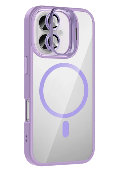 Fuchsia iPhone 16 ile Uyumlu Remim Lensli Kablosuz Şarj Özellikli Standlı Kapak - Lila ürün görseli 1