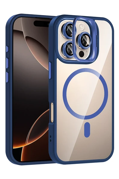 Fuchsia iPhone 16 Pro Max ile Uyumlu Remim Lensli Kablosuz Şarj Özellikli Standlı Kapak - Lacivert ürün görseli 1