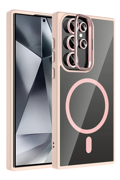 Fuchsia Samsung Galaxy S23 Ultra ile Uyumlu Remim Lensli Kablosuz Şarj Özellikli Standlı Kapak - Pembe ürün görseli 1
