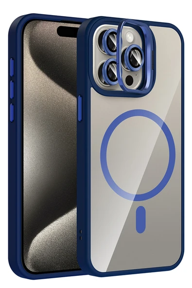 Fuchsia iPhone 15 Pro Max ile Uyumlu Remim Lensli Kablosuz Şarj Özellikli Standlı Kapak - Lacivert ürün görseli 1