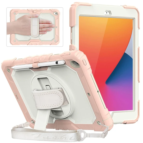 iPad 2021 9.Nesil 10.2" Strap Ekran Koruyuculu Tablet Kılıfı Askılı Kalemlikli  Anti-Darbe 360°Döner Kılıf ürün görseli 1