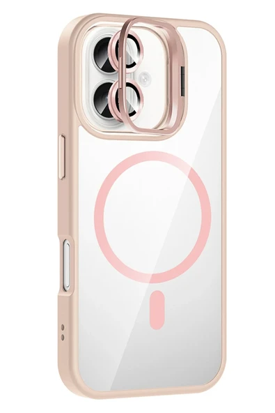 Fuchsia iPhone 16 ile Uyumlu Remim Lensli Kablosuz Şarj Özellikli Standlı Kapak - Pembe ürün görseli 1
