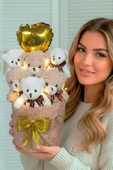 Deluxe Krem Peluş Silindir Kutuda, LED Işıklı Kalpli Balonlu 6’lı Boz Ayıcık Buketi - Sevdiğine Hediye ürün görseli 1