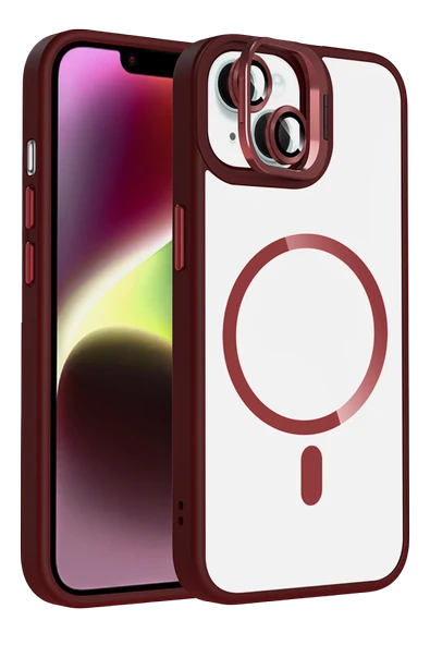 Fuchsia iPhone 14 ile Uyumlu Remim Lensli Kablosuz Şarj Özellikli Standlı Kapak - Bordo ürün görseli 1