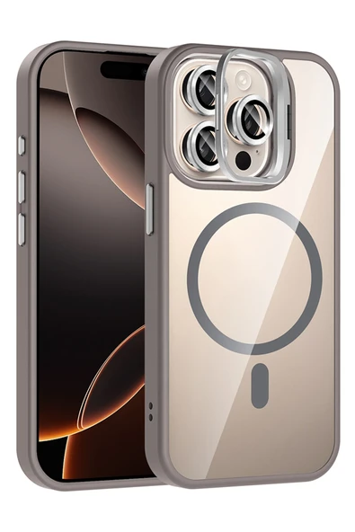 Fuchsia iPhone 14 Pro Max ile Uyumlu Remim Lensli Kablosuz Şarj Özellikli Standlı Kapak - Titan Gri ürün görseli 1