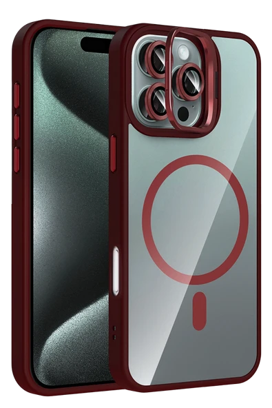 Fuchsia iPhone 16 Pro Max ile Uyumlu Remim Lensli Kablosuz Şarj Özellikli Standlı Kapak - Bordo ürün görseli 1
