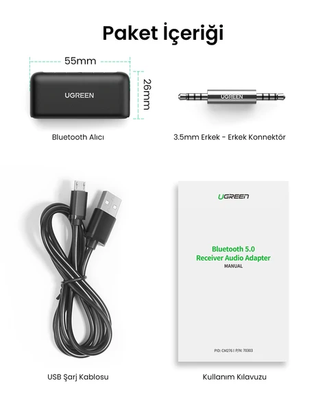 UGREEN Bluetooth 5.0 Ses Alıcı Adaptör, 70303 - Resim 8